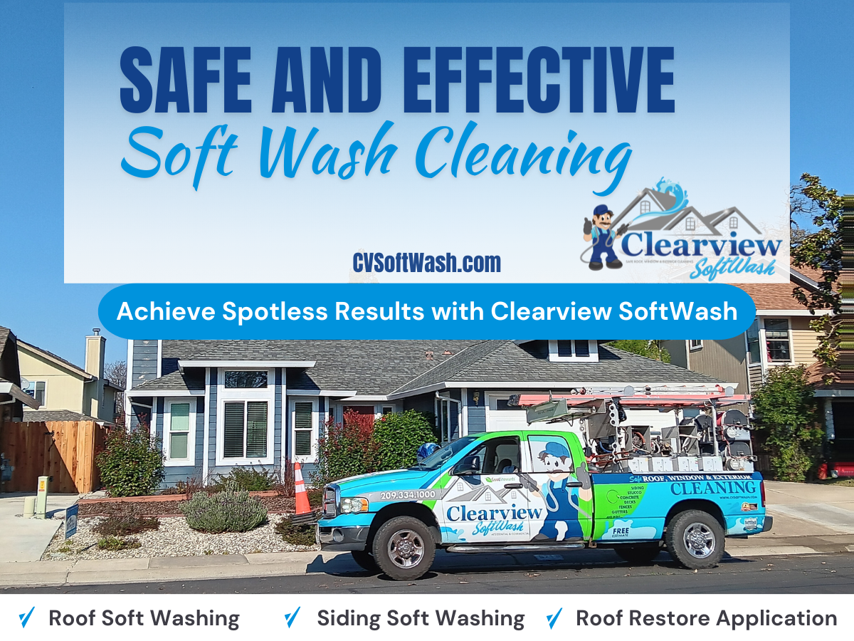 Clearview SoftWash truck parked in front of a residential home, promoting safe and effective soft wash cleaning services, including roof and siding soft washing.