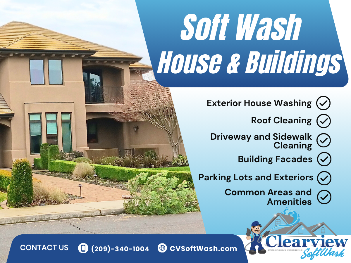 Soft washing services for homes and buildings, featuring a well-maintained exterior with landscaped gardens, showcasing Clearview SoftWash brand and services including roof cleaning, exterior house washing, and driveway cleaning.