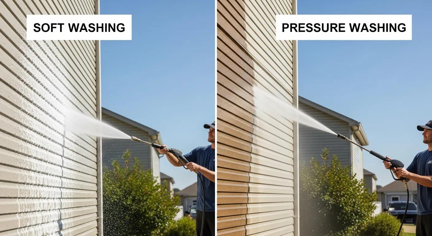 Soft washing and pressure washing comparison, showing a technician cleaning siding; left side labeled "Soft Washing," right side labeled "Pressure Washing."