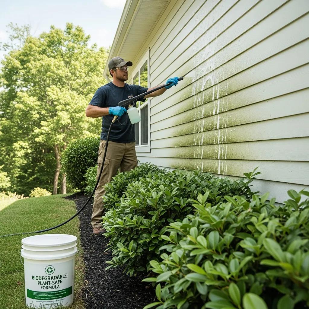 Man using eco-friendly biodegradable cleaning solution on house siding, demonstrating soft washing technique for safe exterior cleaning, surrounded by green shrubs.