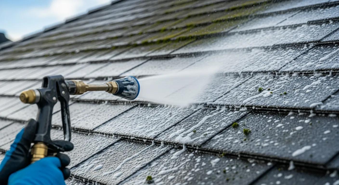 Close-up of biodegradable cleaning solutions being applied to a roof using soft washing techniques
