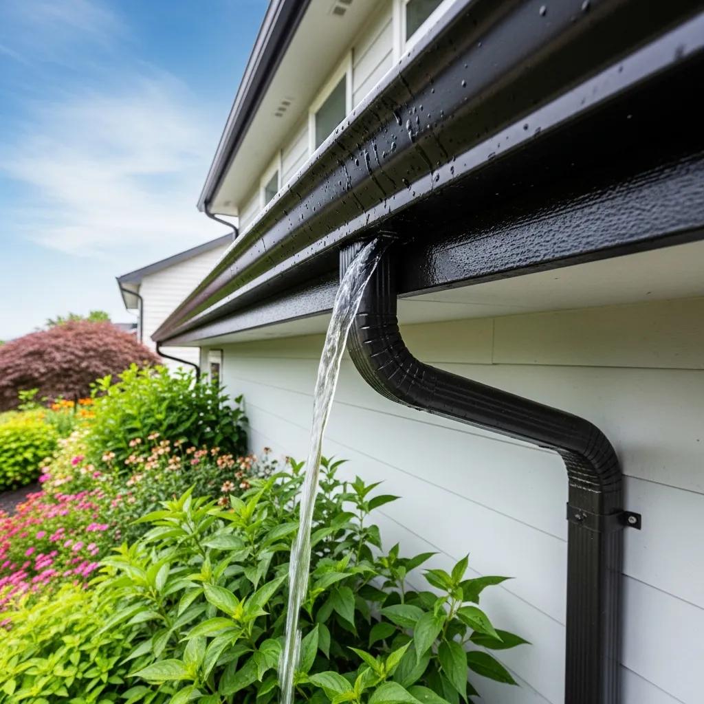 Gutters with water flowing from a downspout, surrounded by lush greenery and flowers, illustrating effective gutter maintenance and the benefits of soft washing services in El Dorado Hills.