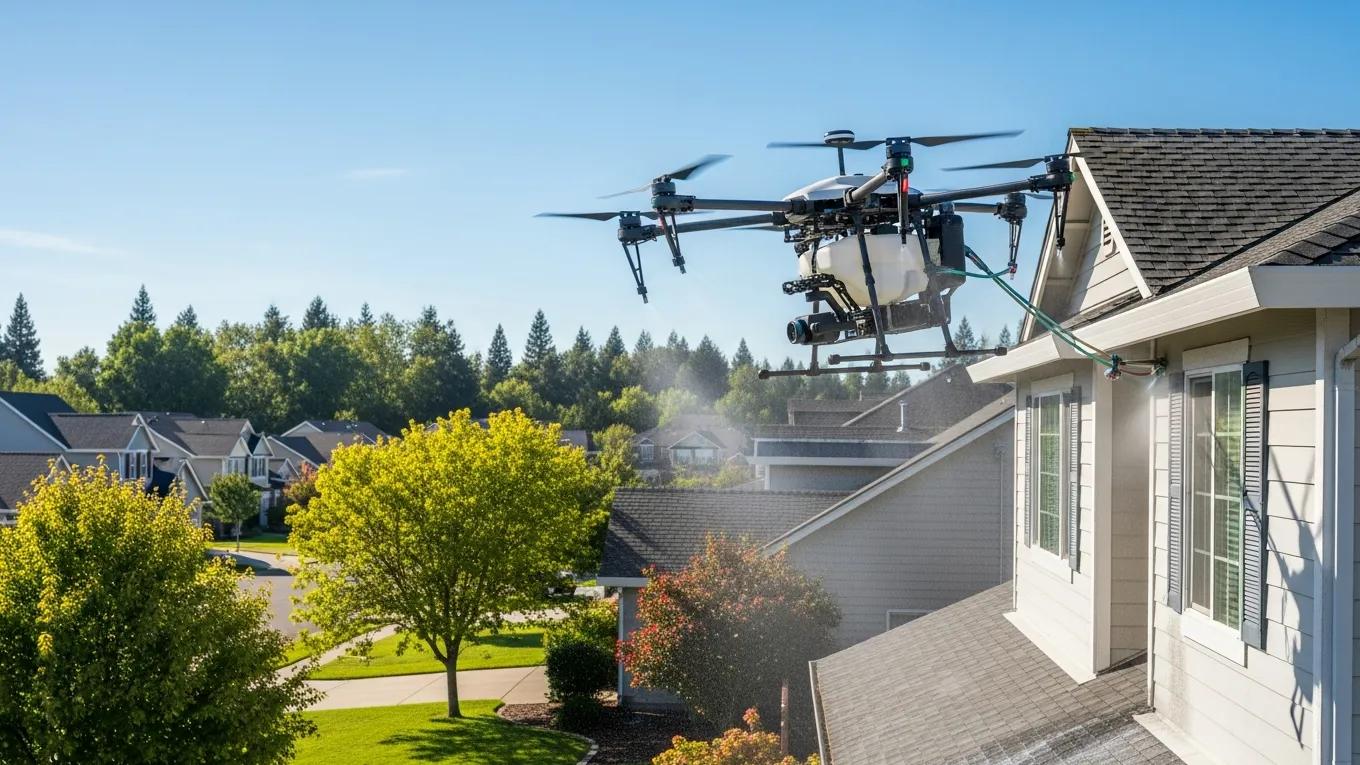 Drone cleaning residential property in Lodi, highlighting eco-friendly soft washing technology