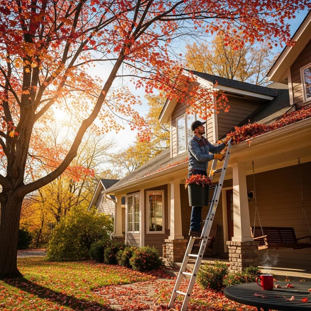 Homeowner performing seasonal gutter maintenance using a ladder to clean leaves from gutters in autumn, surrounded by colorful fall foliage and a well-kept home.