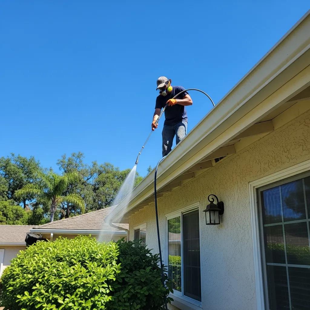 Professional soft washing service cleaning gutters in El Dorado Hills
