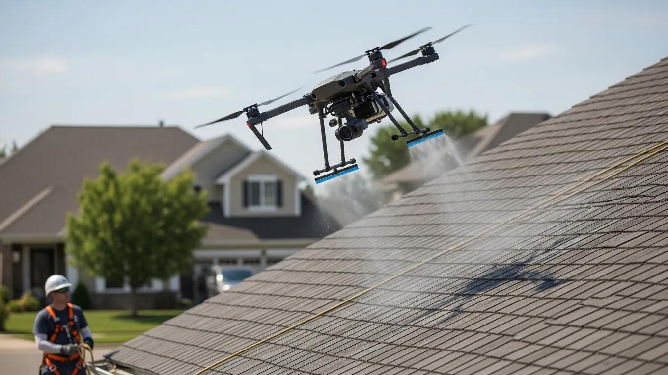 Drone cleaning a residential roof, highlighting safety improvements and reduced risk of accidents