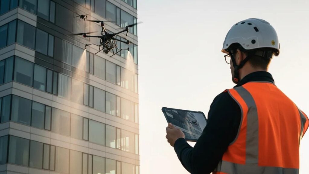 Drone operator monitoring cleaning process, highlighting safety in drone services