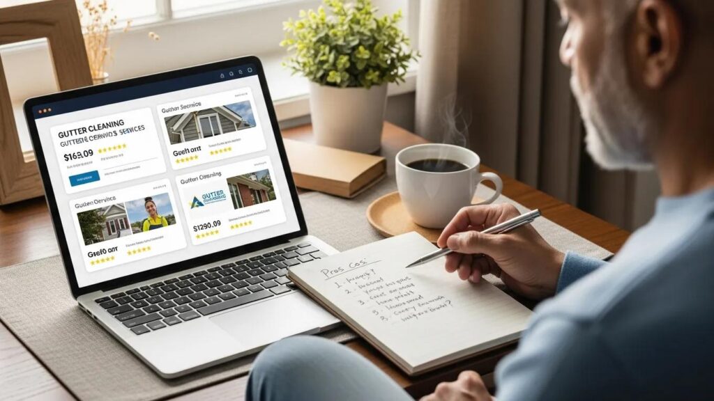 Homeowner reviewing quotes and customer reviews for gutter cleaning services