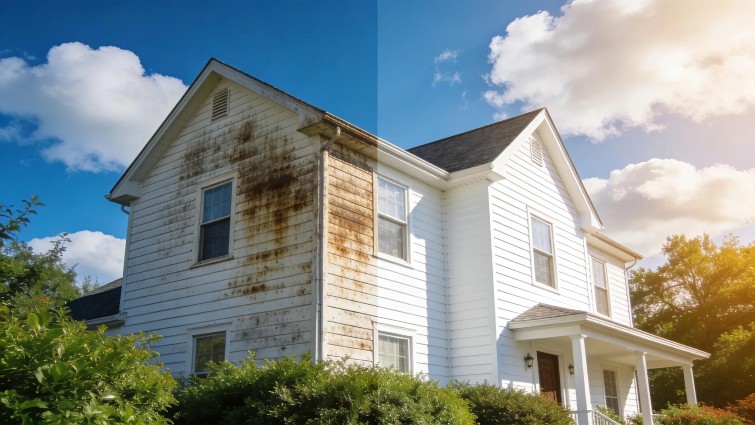 Home exterior showcasing the benefits of soft wash cleaning with a clear blue sky and lush greenery
