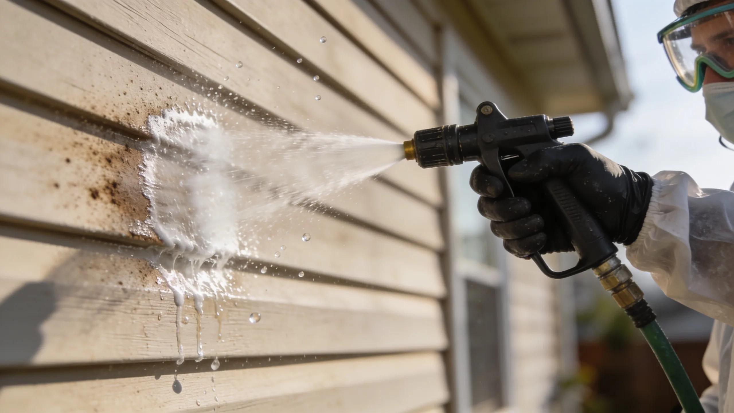 Professional using soft washing equipment on home siding, showcasing low-pressure cleaning techniques