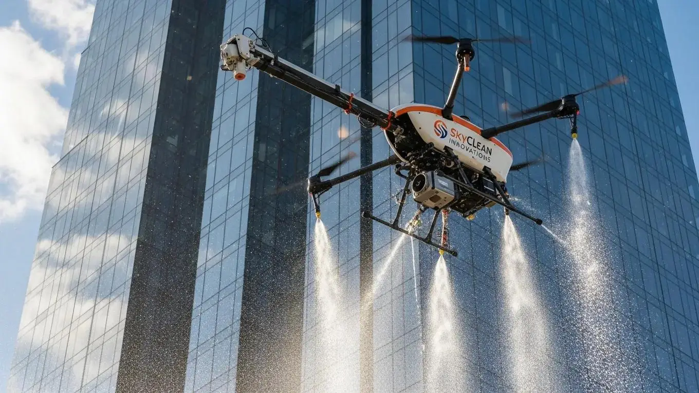 Commercial drone cleaning high-rise building exterior