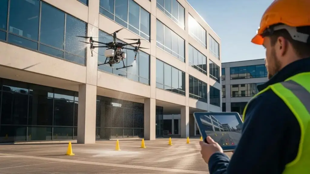 Drone operator ensuring safety during cleaning operations