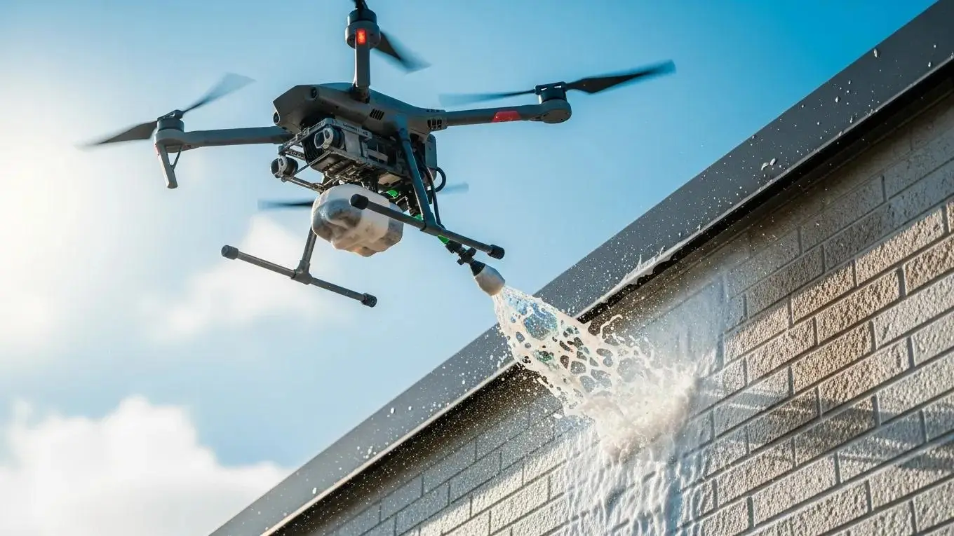 Drone using soft washing technique for exterior cleaning