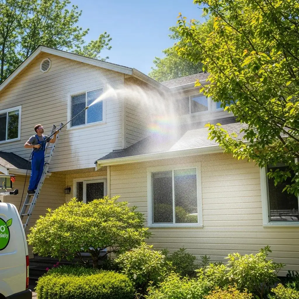 Home exterior being soft washed with low-pressure water and eco-friendly cleaning agents